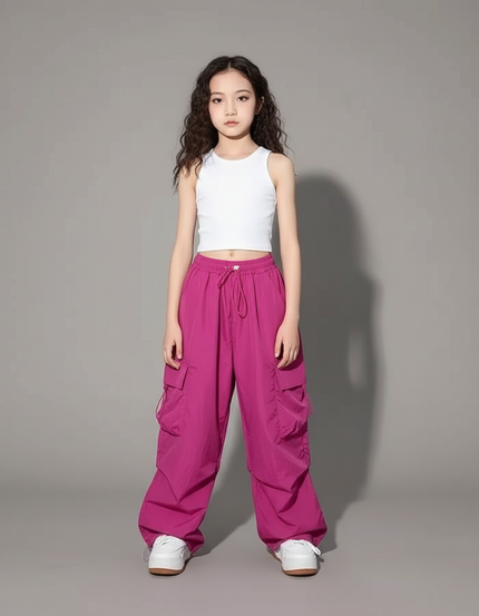 Pantalon Parachute Fuschia Ample Cargo Enfant Fille - Rose Polyester