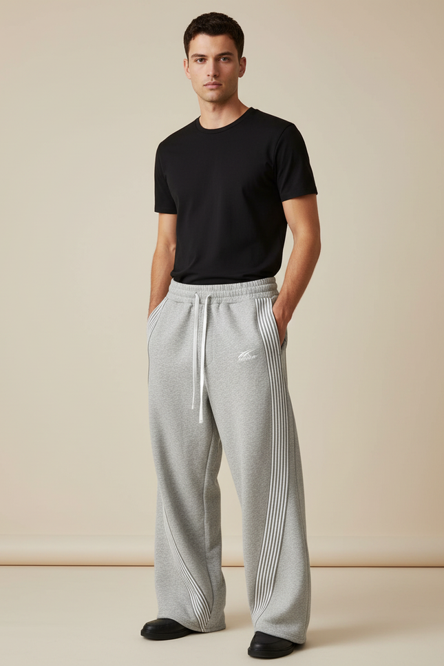 Pantalon Parachute Gris Ample Rayures Molleton Homme