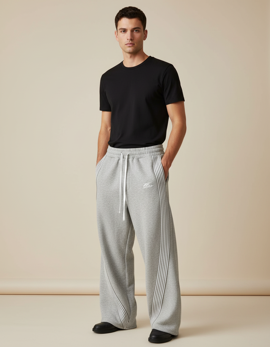Pantalon Parachute Gris Ample Rayures Molleton Homme