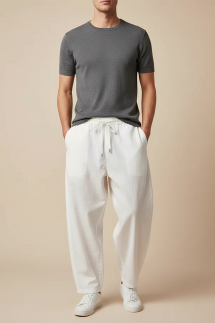 Pantalon Parachute Blanc Coton Lin Ample Sportif Homme