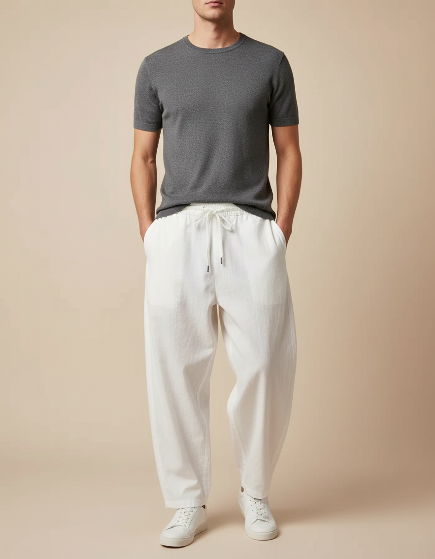 Pantalon Parachute Blanc Coton Lin Ample Sportif Homme