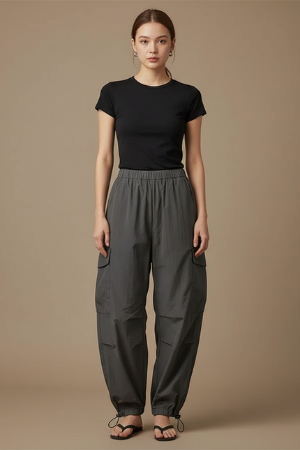 Pantalon Parachute Gris Ample Cordon Fluide Cargo Femme - Polyester