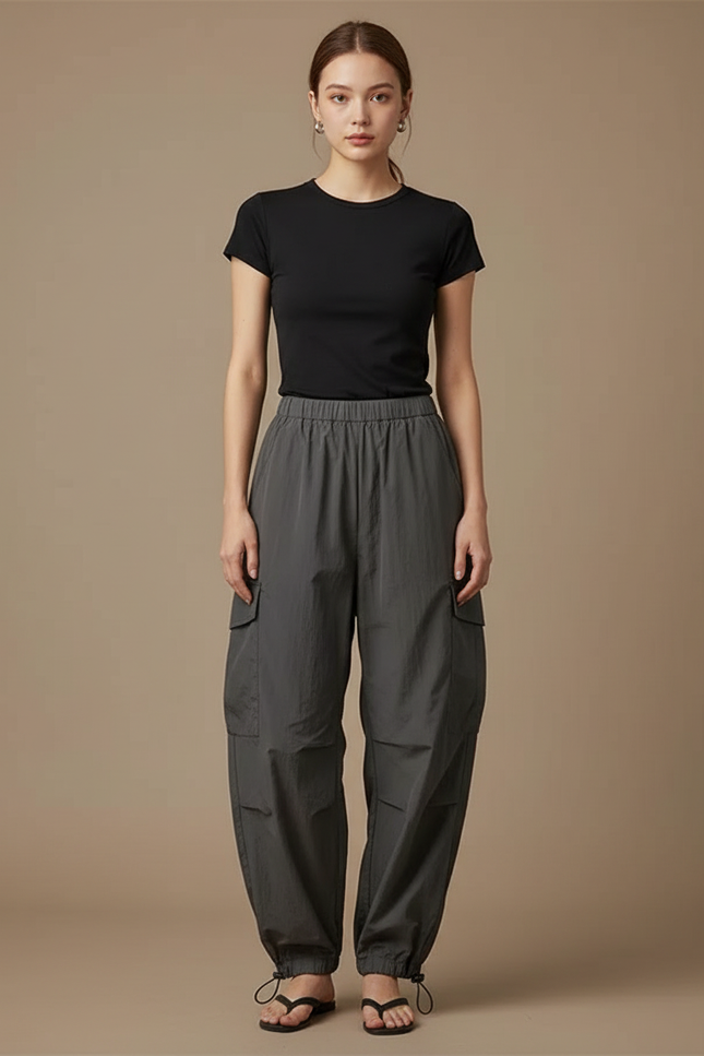 Pantalon Parachute Gris Ample Cordon Fluide Cargo Femme - Polyester