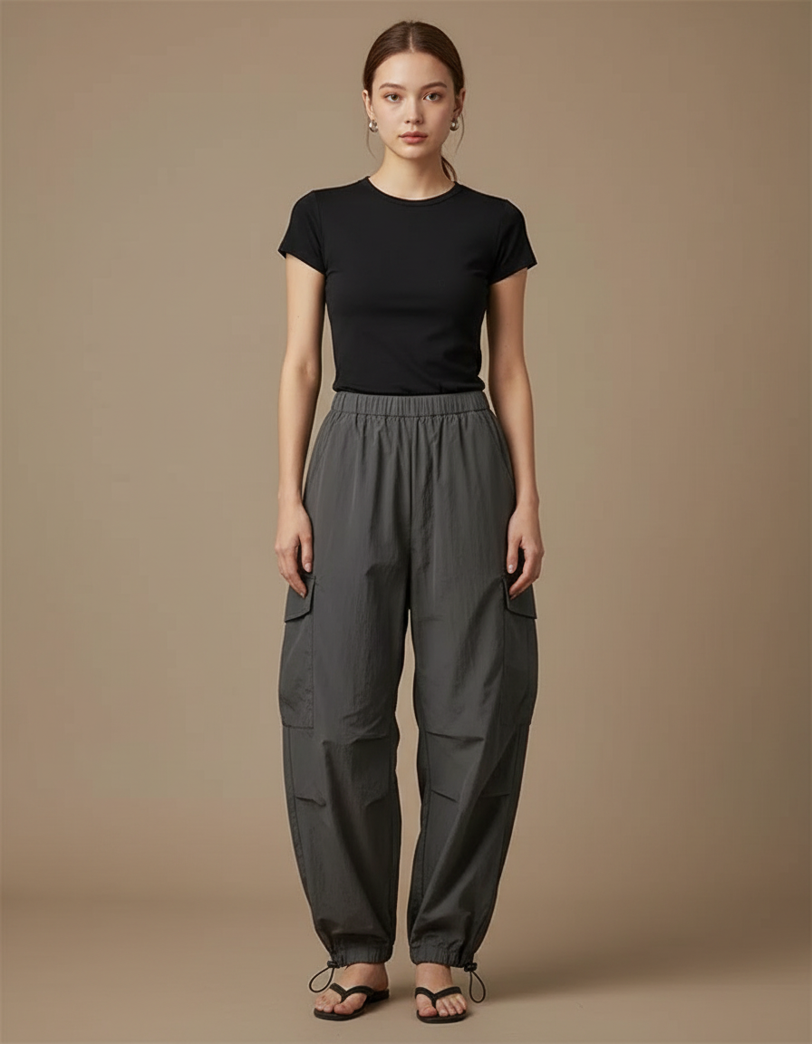 Pantalon Parachute Gris Ample Cordon Fluide Cargo Femme - Polyester