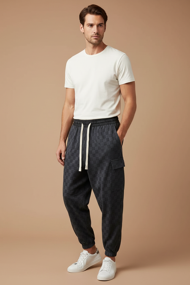 Pantalon Parachute Carreaux Velours Cargo Cordon Homme - Gris