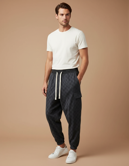Pantalon Parachute Carreaux Velours Cargo Cordon Homme - Gris