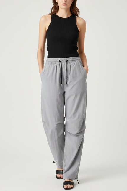 Pantalon Parachute Gris Ample Léger Cordon Décontracté - Polyester