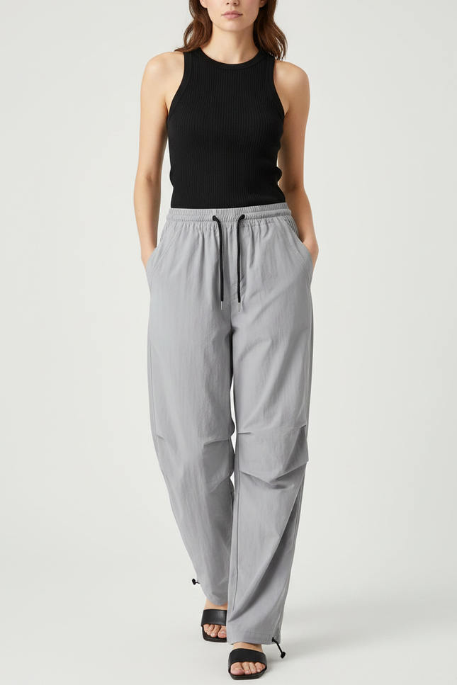 Pantalon Parachute Gris Ample Léger Cordon Décontracté - Polyester