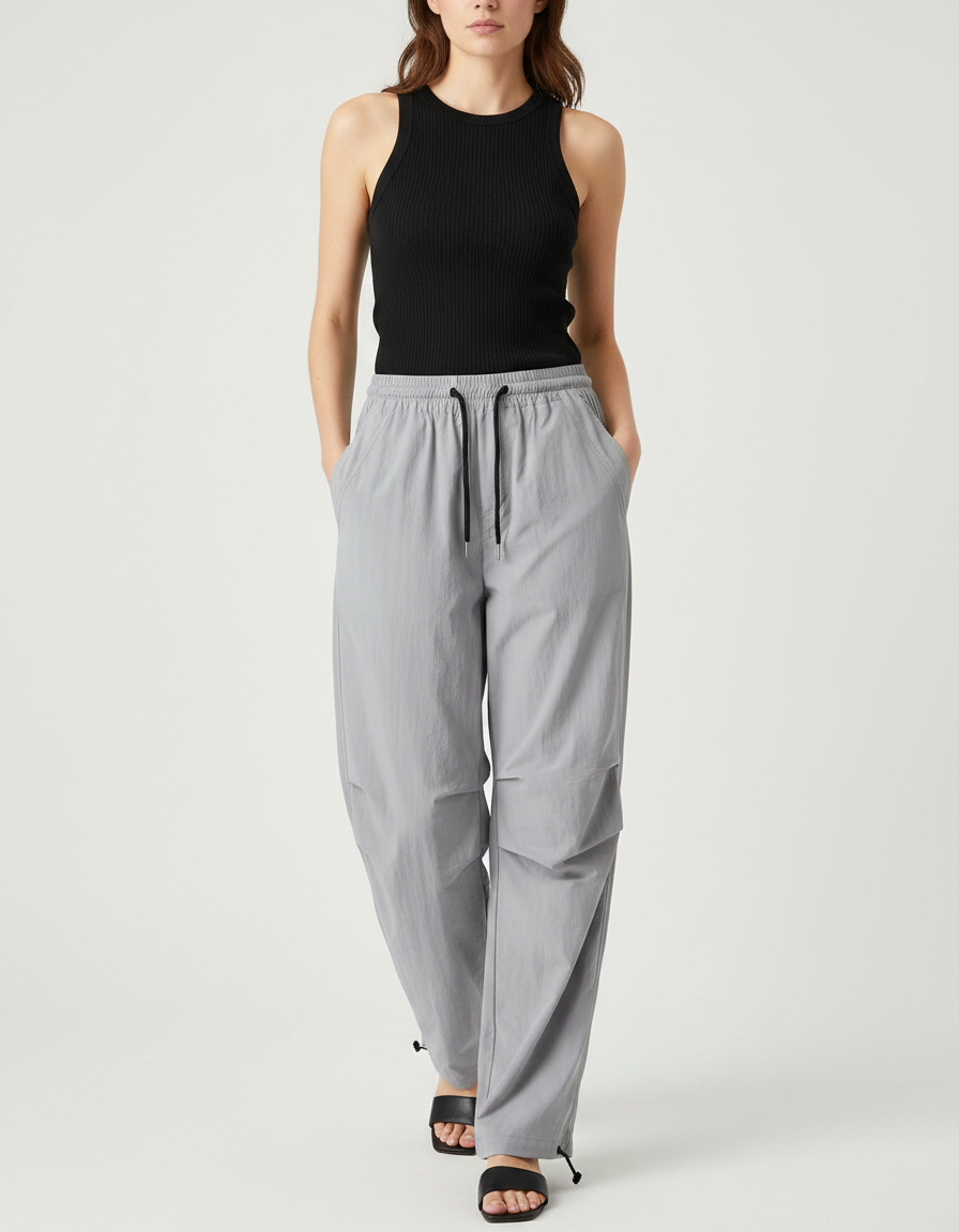 Pantalon Parachute Gris Ample Léger Cordon Décontracté - Polyester