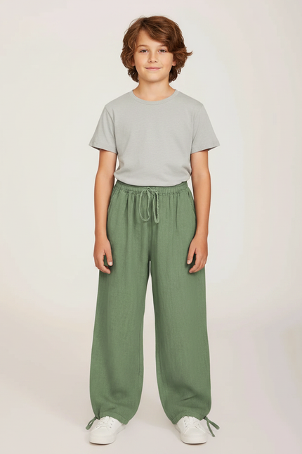 Pantalon Parachute Vert Lin Ample Garçon Décontracté