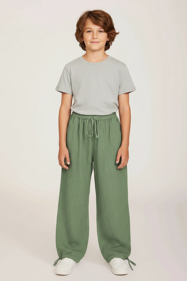 Pantalon Parachute Vert Lin Ample Garçon Décontracté