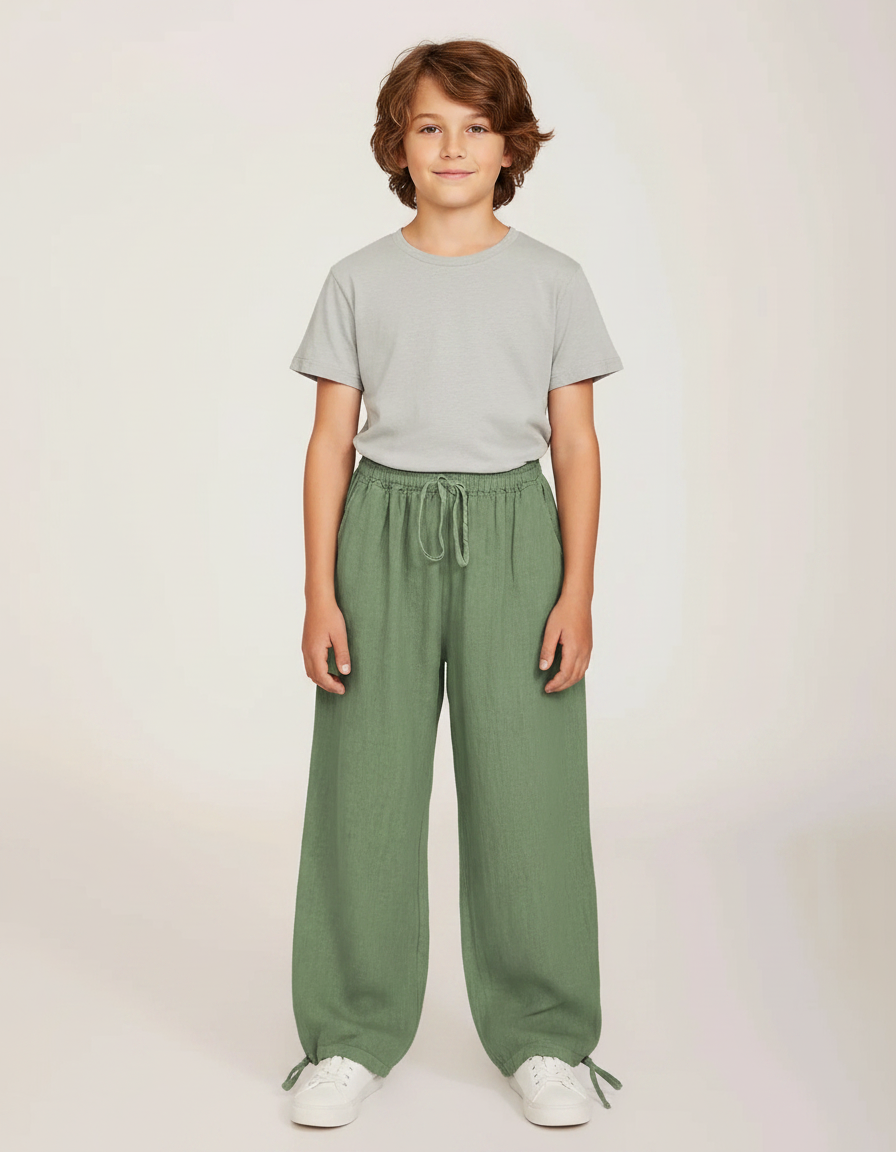 Pantalon Parachute Vert Lin Ample Garçon Décontracté