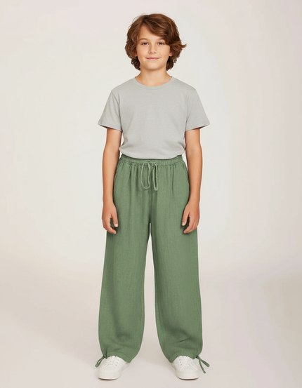 Pantalon Parachute Vert Lin Ample Garçon Décontracté