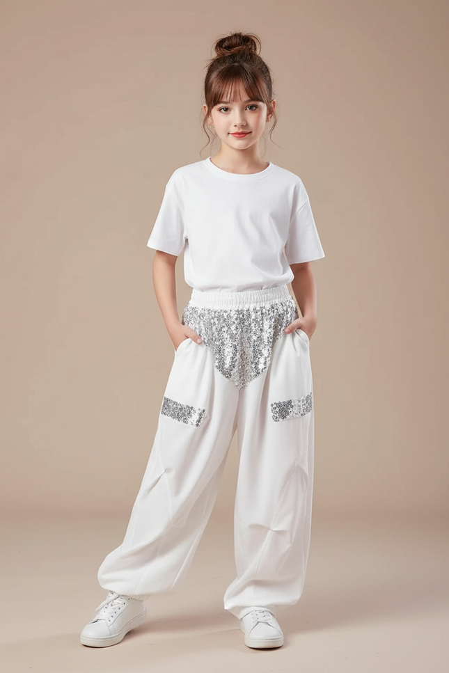 Pantalon Parachute Blanc Ample Paillettes Fille - Polyester