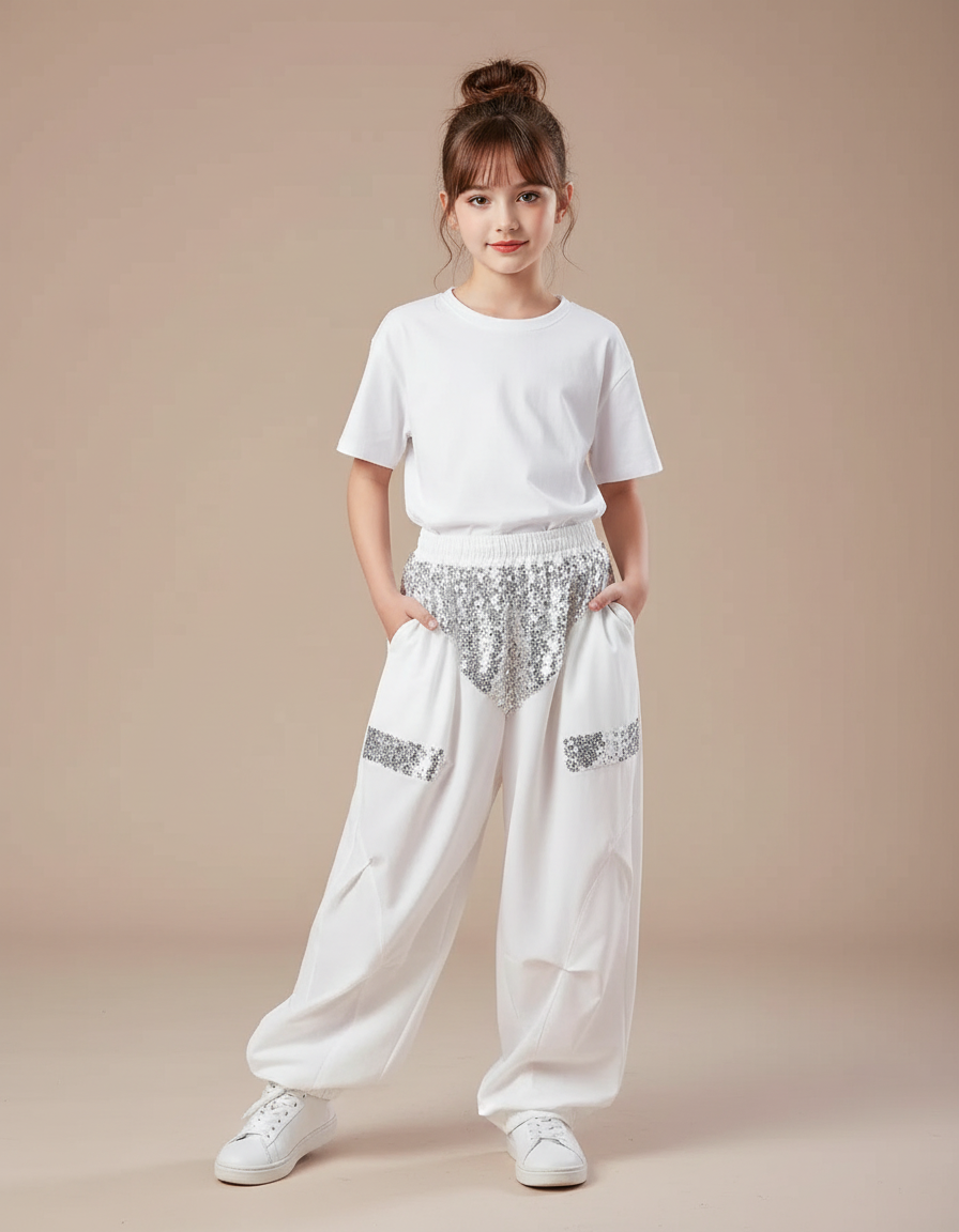 Pantalon Parachute Blanc Ample Paillettes Fille - Polyester