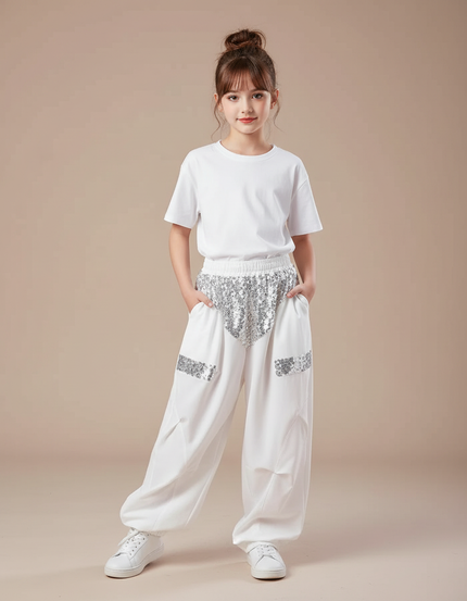 Pantalon Parachute Blanc Ample Paillettes Fille - Polyester