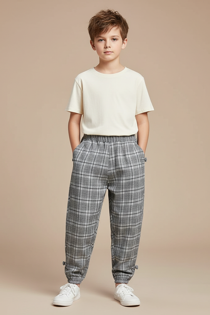 Pantalon Parachute Carreaux Gris Ample Enfant Coton - Tweed
