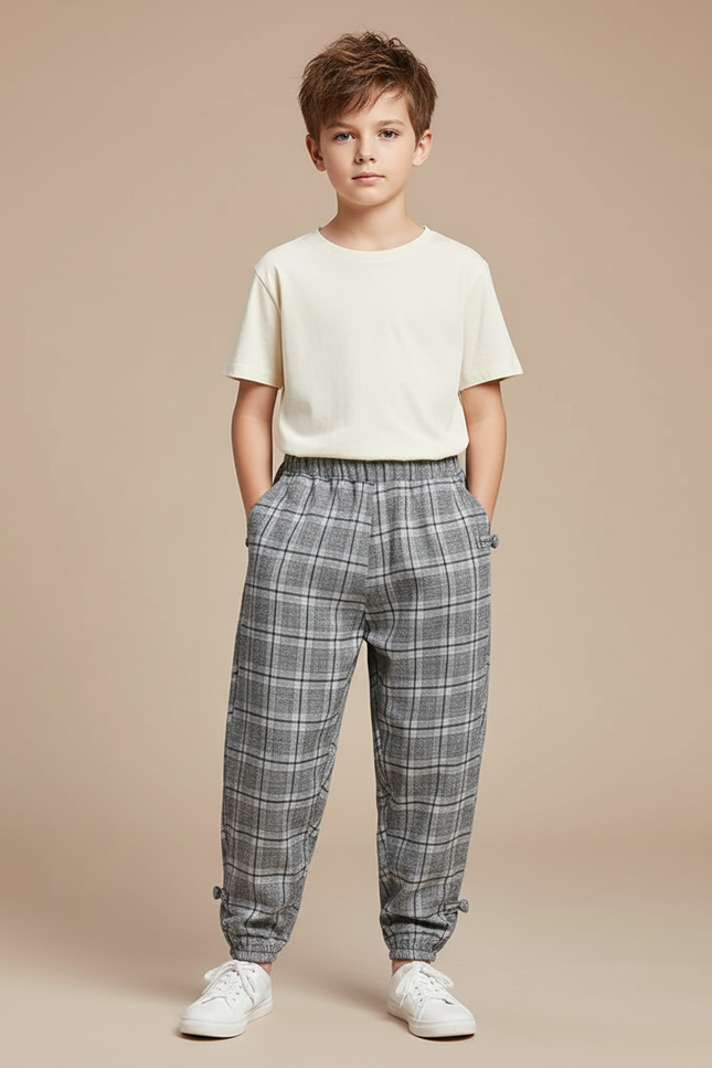 Pantalon Parachute Carreaux Gris Ample Enfant Coton - Tweed