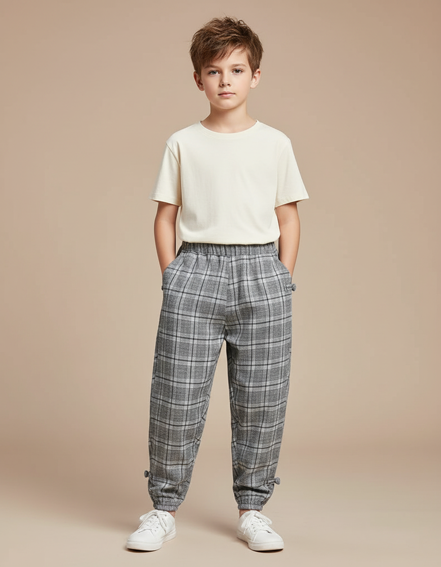 Pantalon Parachute Carreaux Gris Ample Enfant Coton - Tweed