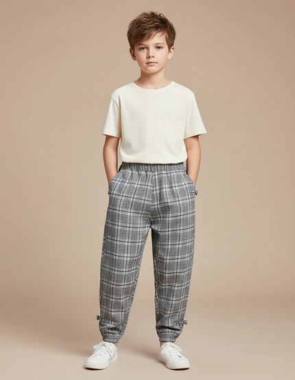 Pantalon Parachute Carreaux Gris Ample Enfant Coton - Tweed