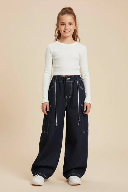 Pantalon Parachute Denim Ample Cargo Bleu Marine Fille - Jean