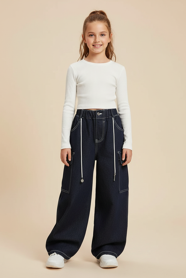 Pantalon Parachute Denim Ample Cargo Bleu Marine Fille - Jean