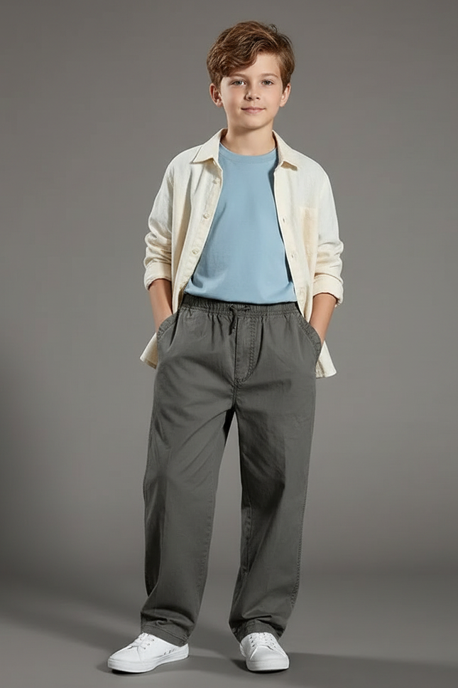 Pantalon Parachute Gris Coton Ample Garçon Décontracté