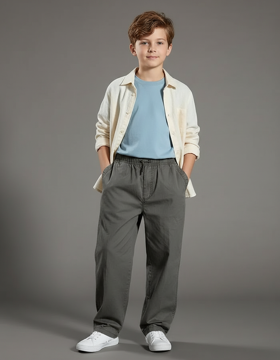 Pantalon Parachute Gris Coton Ample Garçon Décontracté