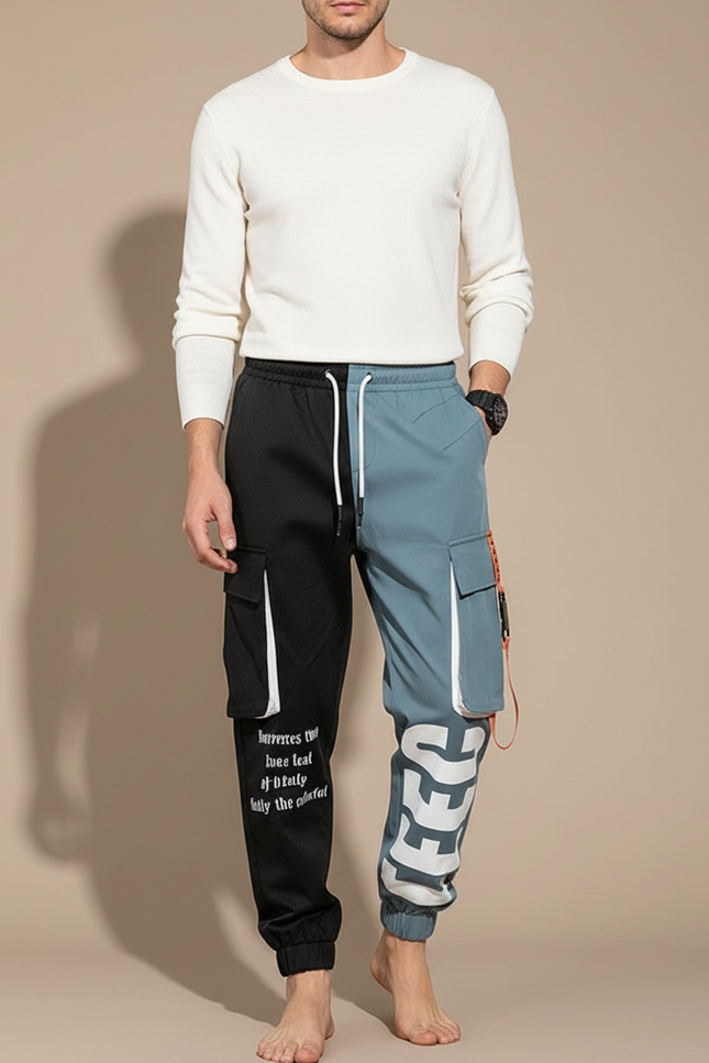 Pantalon Parachute Bicolore Cargo Imprimé Cordon Homme - Multicolore Polyester