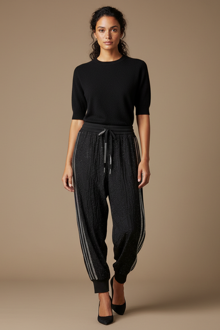 Pantalon Parachute Noir Strass Scintillant Ample Sport - Maille