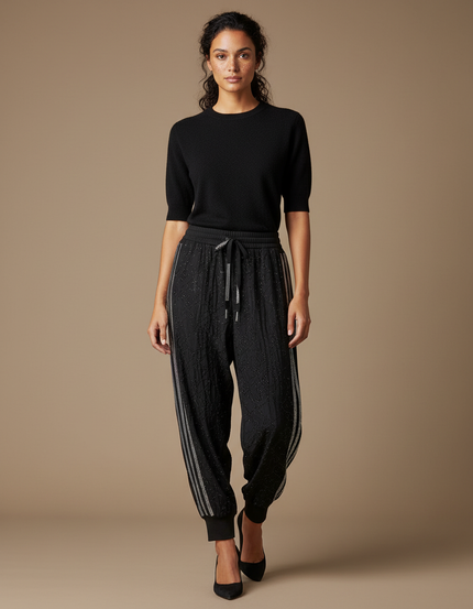 Pantalon Parachute Noir Strass Scintillant Ample Sport - Maille