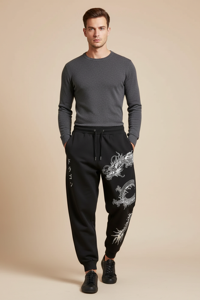 Pantalon Parachute Noir Dragon Japonais Ample Homme - Molleton