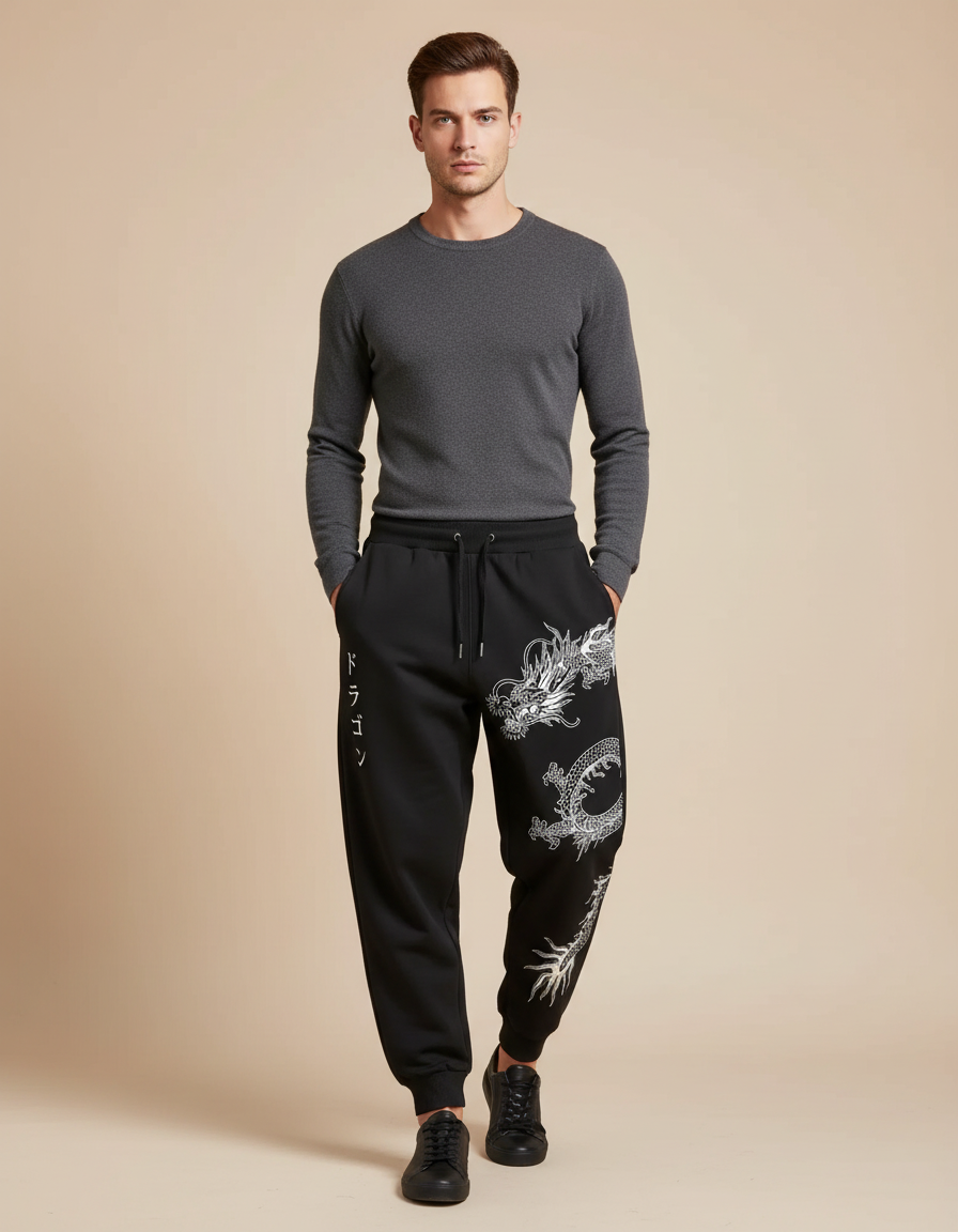 Pantalon Parachute Noir Dragon Japonais Ample Homme - Molleton