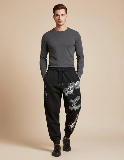Pantalon Parachute Noir Dragon Japonais Ample Homme - Molleton