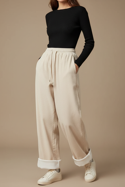 Pantalon Parachute Beige Côtelé Doublé Polaire Ample Femme - Cordé