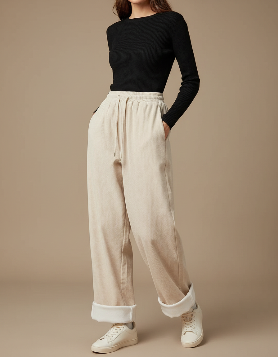 Pantalon Parachute Beige Côtelé Doublé Polaire Ample Femme - Cordé