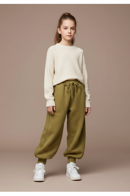Pantalon Parachute Kaki Ample Molletonné Chaud Fille
