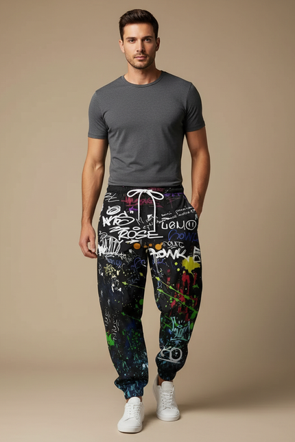Pantalon Parachute Noir Graffiti Streetwear Ample Homme - Multicolore Molleton