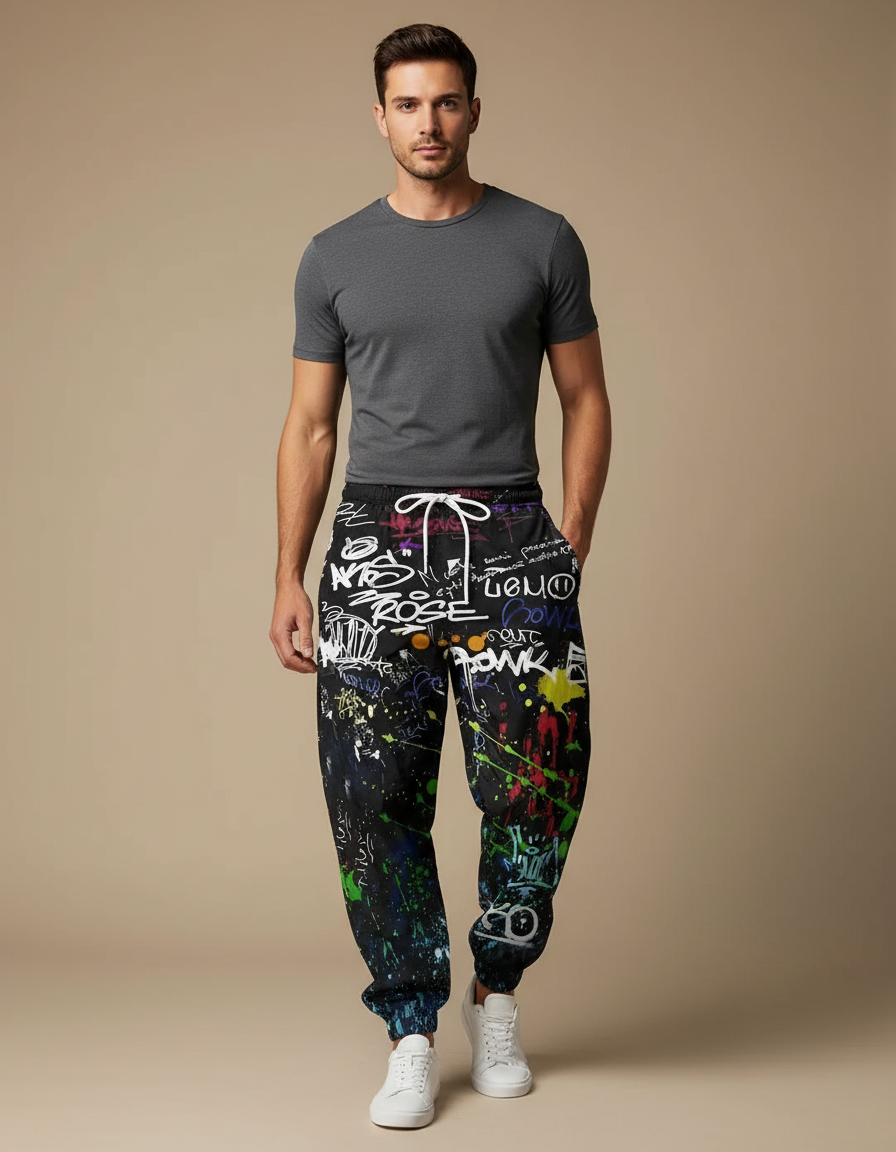Pantalon Parachute Noir Graffiti Streetwear Ample Homme - Multicolore Molleton