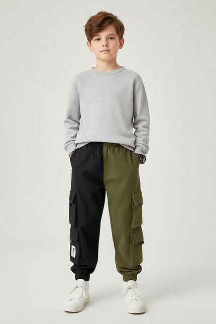 Pantalon Parachute Bicolore Cargo Ample Enfant Coton - Multicolore Toile