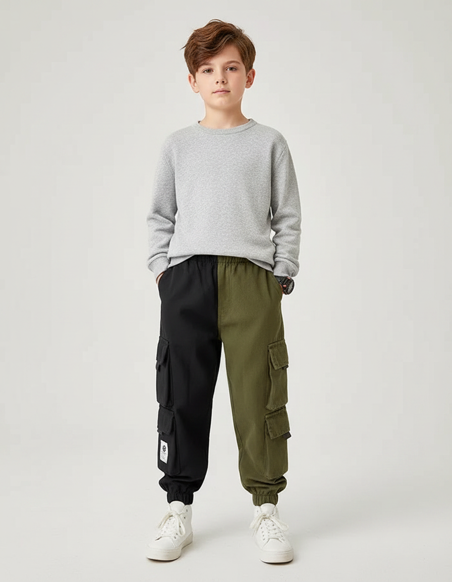Pantalon Parachute Bicolore Cargo Ample Enfant Coton - Multicolore Toile