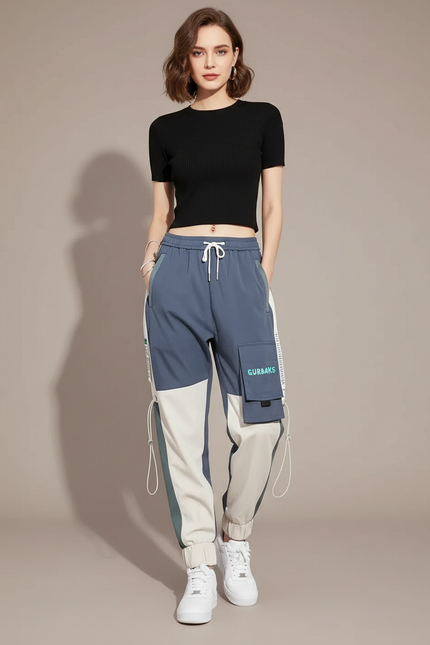 Pantalon Parachute Bicolore Cargo Streetwear Femme Joggers - Multicolore Polyester