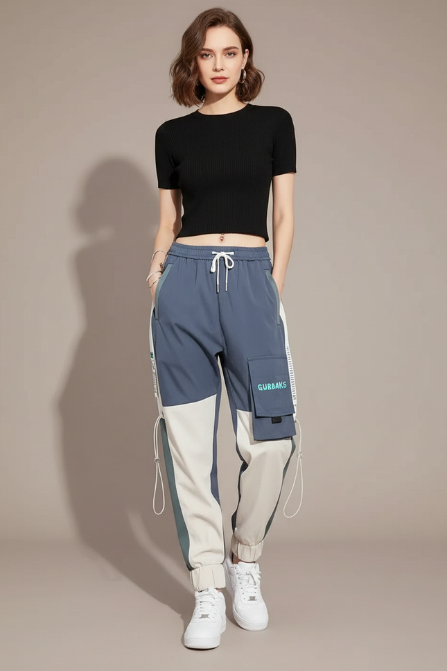 Pantalon Parachute Bicolore Cargo Streetwear Femme Joggers - Multicolore Polyester