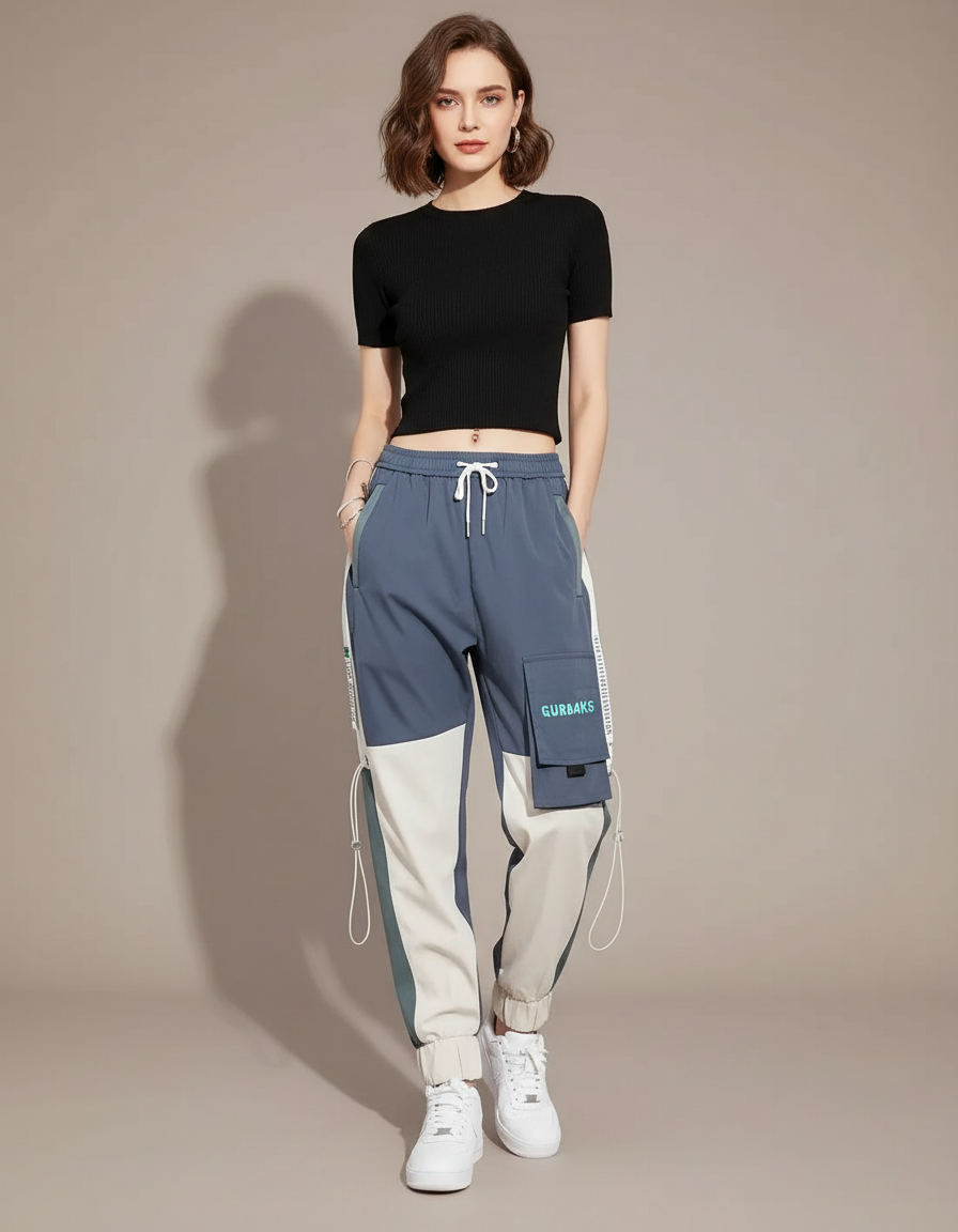 Pantalon Parachute Bicolore Cargo Streetwear Femme Joggers - Multicolore Polyester
