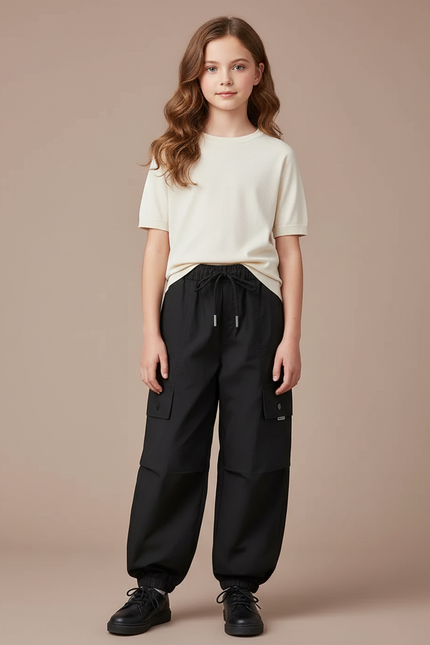 Pantalon Parachute Noir Cargo Ample Fille Cordon - Polyester