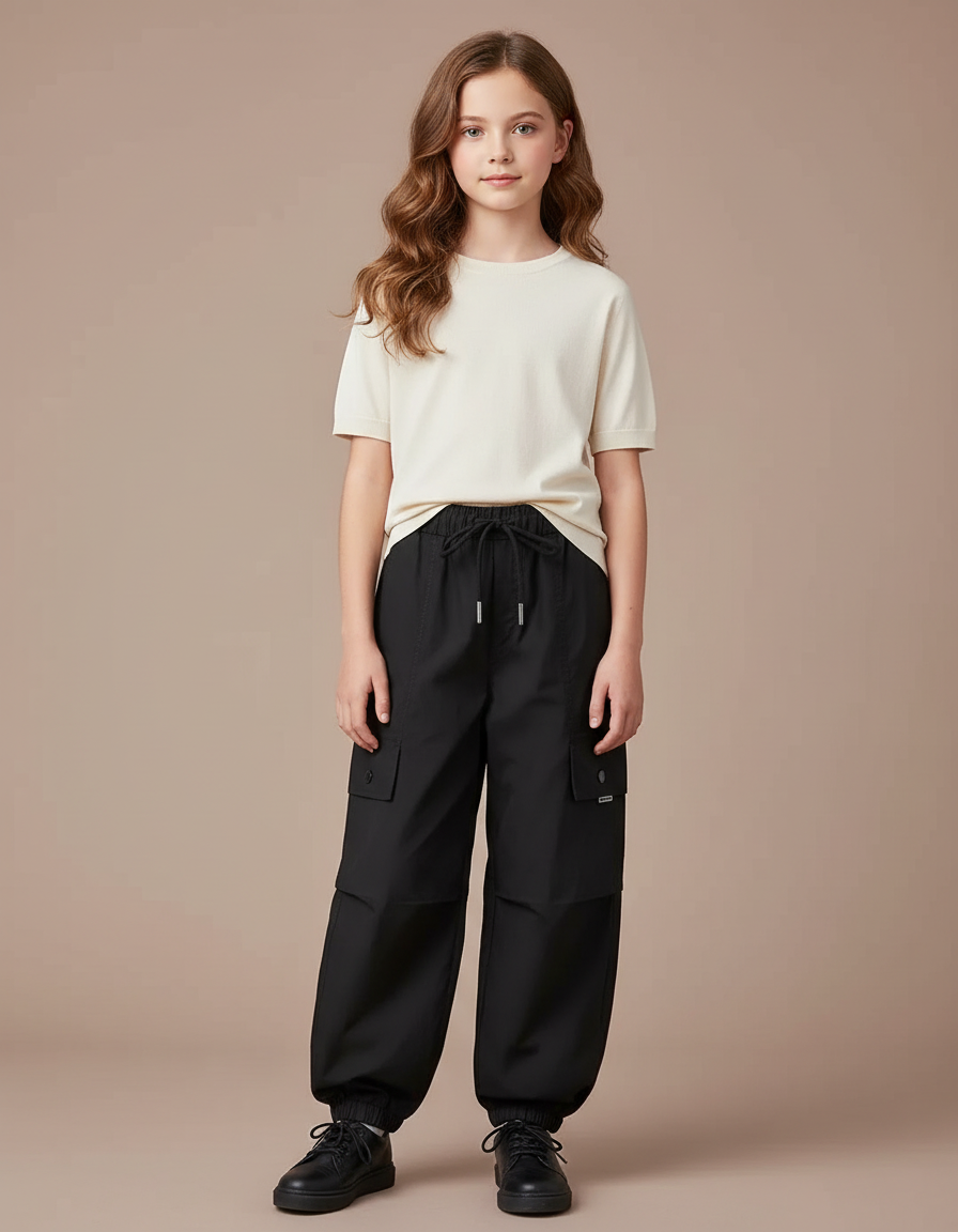 Pantalon Parachute Noir Cargo Ample Fille Cordon - Polyester