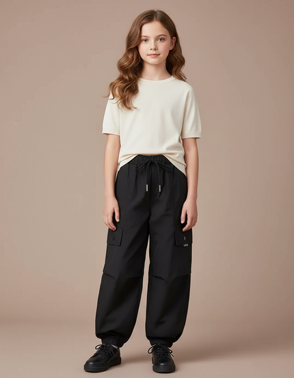 Pantalon Parachute Noir Cargo Ample Fille Cordon - Polyester