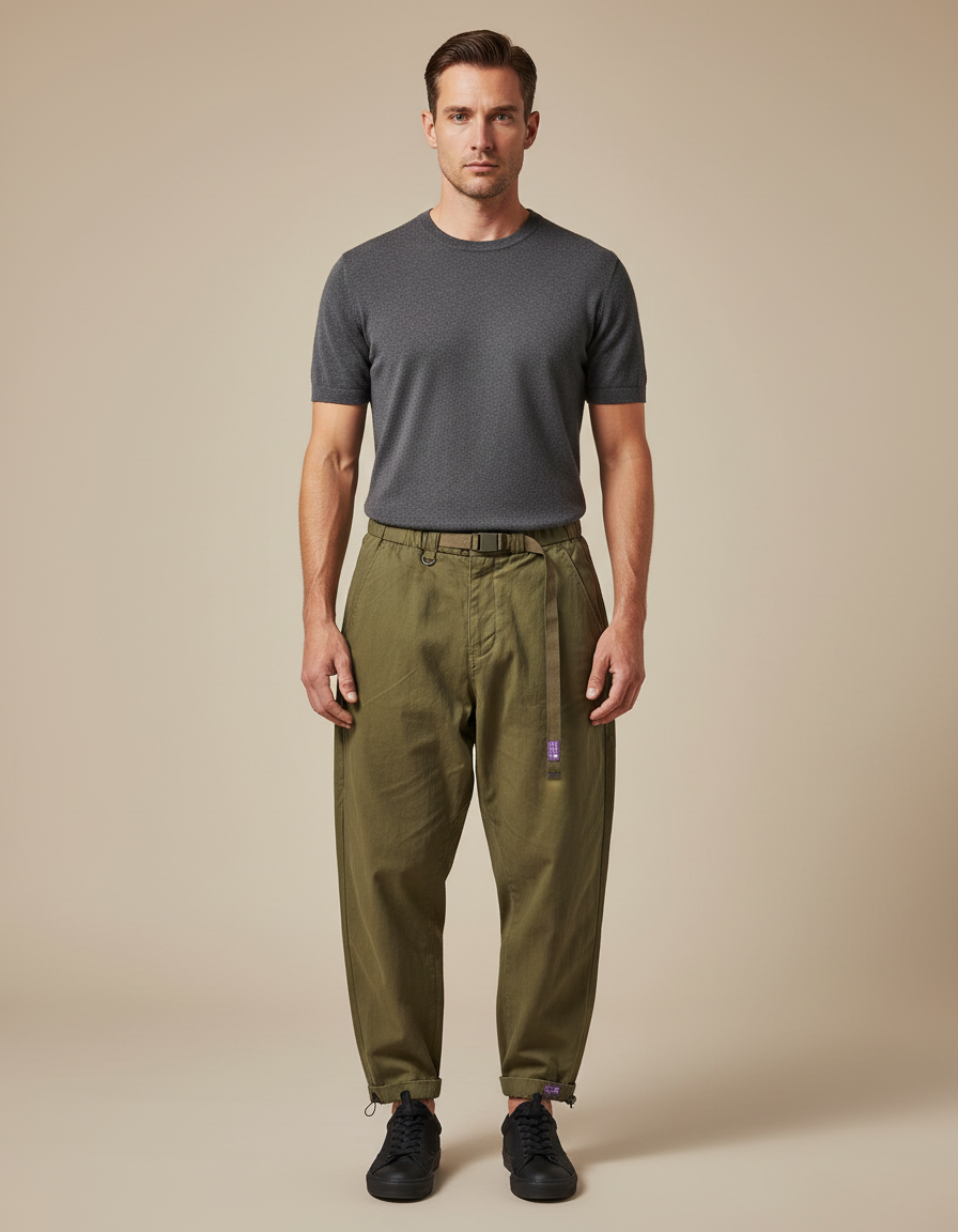 Pantalon Parachute Homme Kaki Resserré Aux Chevilles Toile