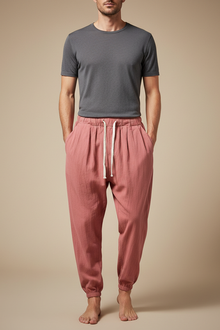 Pantalon Parachute Rose Lin Coton Ample Décontracté Homme