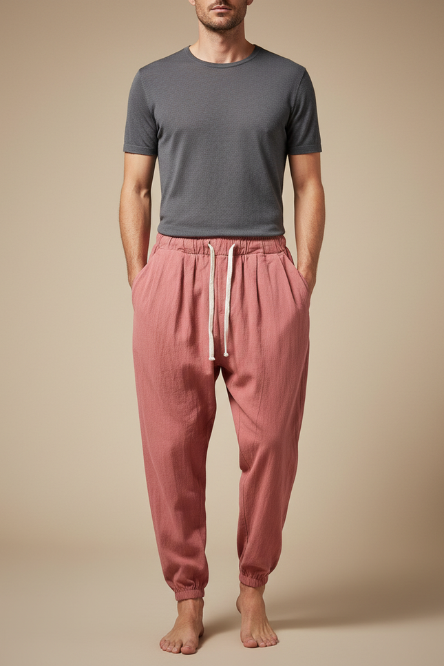 Pantalon Parachute Rose Lin Coton Ample Décontracté Homme